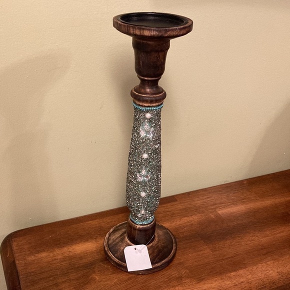 NWT GORGEOUS BEADED & JEWELED 15" WOODEN CANDLESTICK - Picture 7 of 10